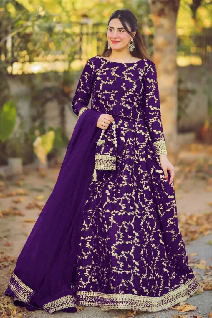 4 Piece Heavy Embroidered Shamose Silk Flare Skirt & Top Ensemble